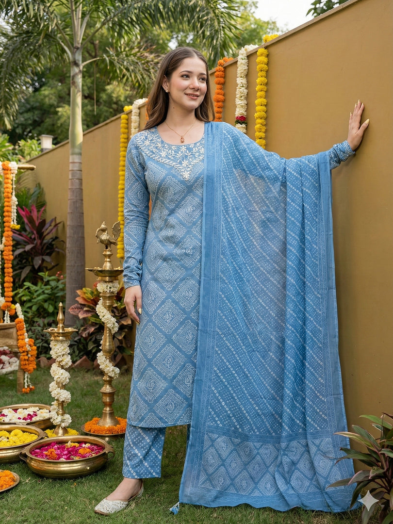 Jaitpuriya Blue Pure Cotton Straight Regular Kurta Set