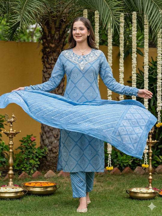 Jaitpuriya Blue Pure Cotton Straight Regular Kurta Set