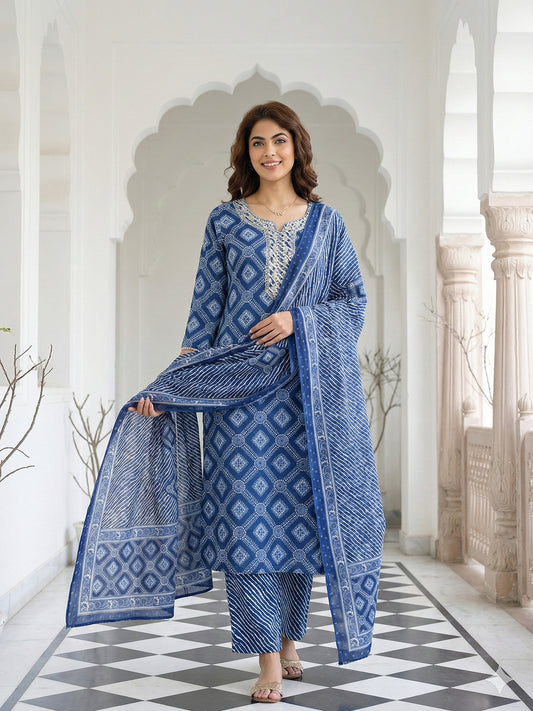 Jaitpuriya Blue Pure Cotton Straight Regular Kurta Set