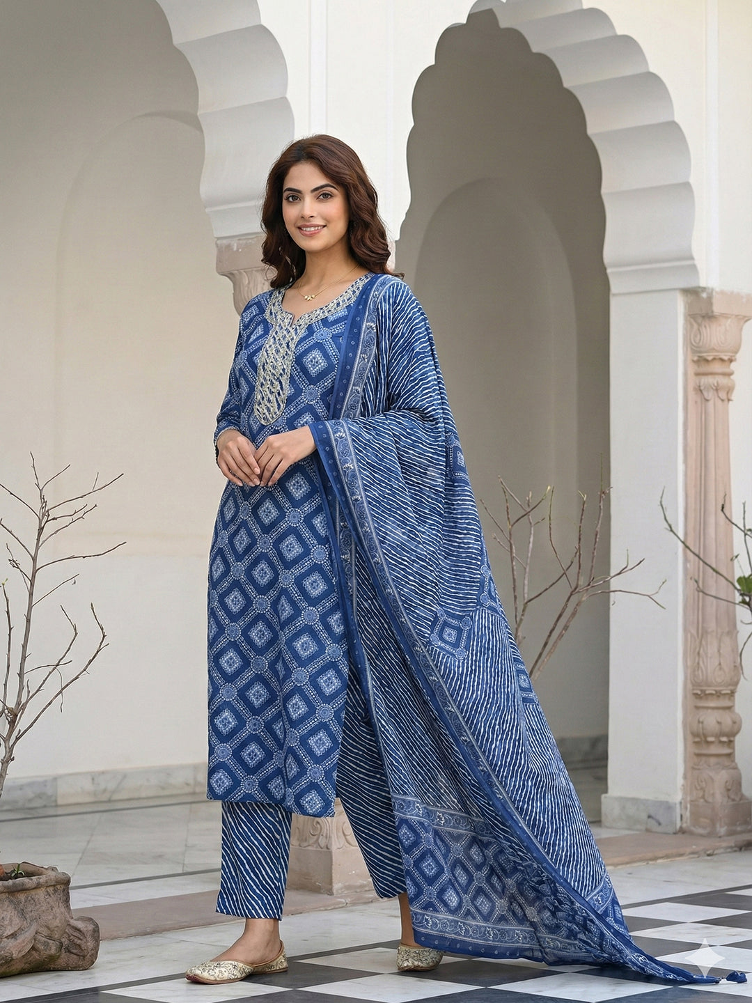 Jaitpuriya Blue Pure Cotton Straight Regular Kurta Set