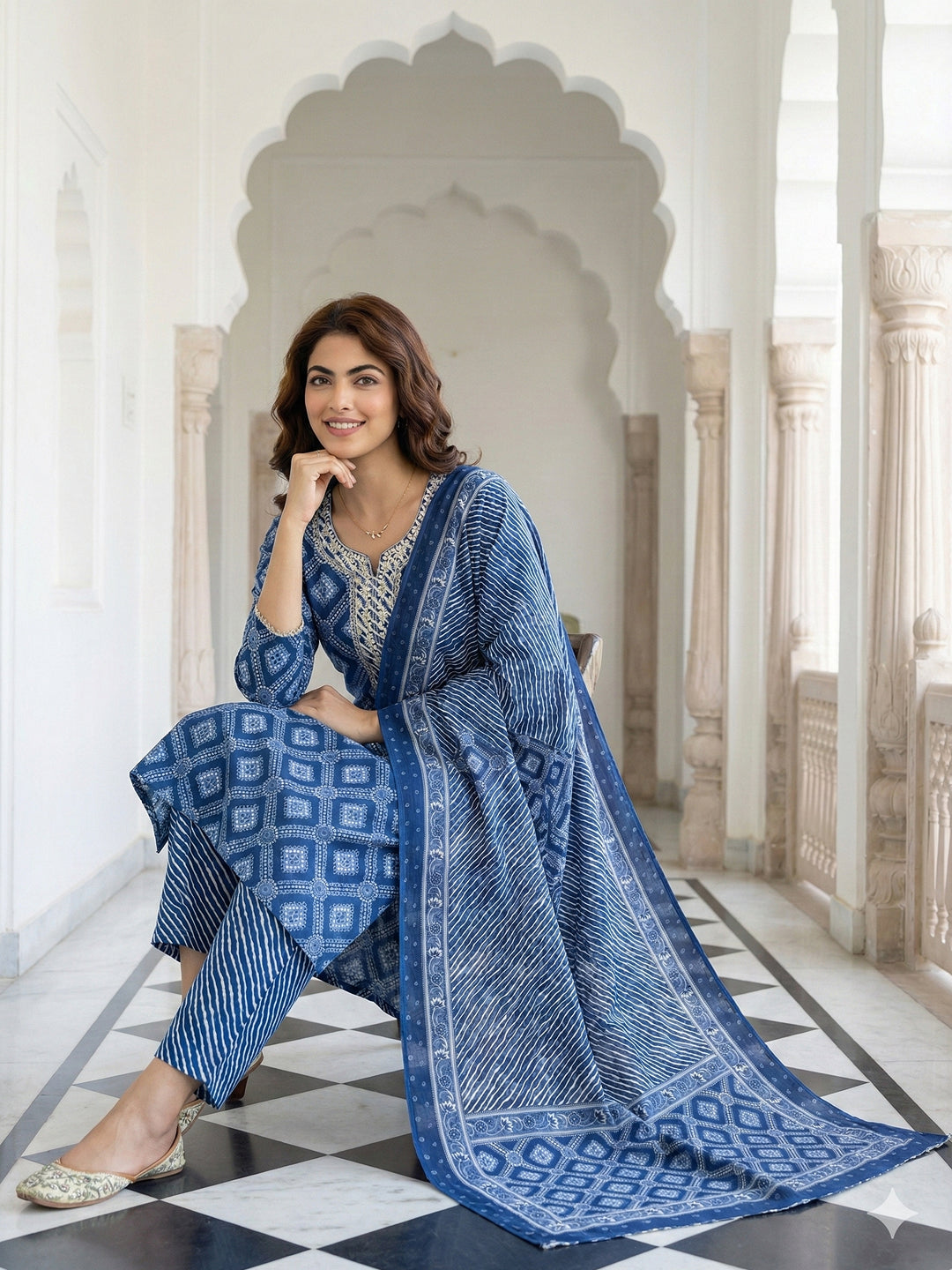 Jaitpuriya Blue Pure Cotton Straight Regular Kurta Set