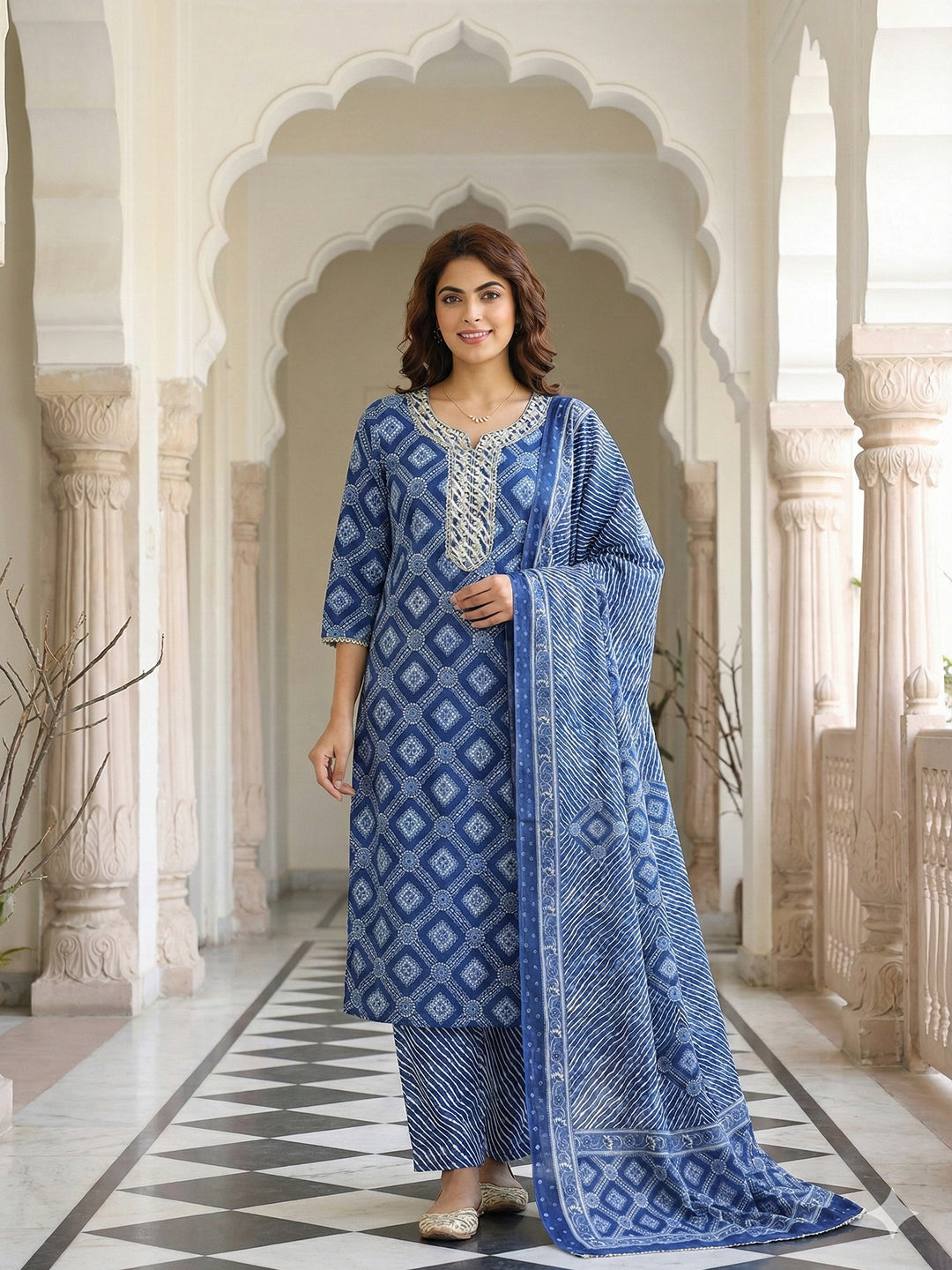 Jaitpuriya Blue Pure Cotton Straight Regular Kurta Set