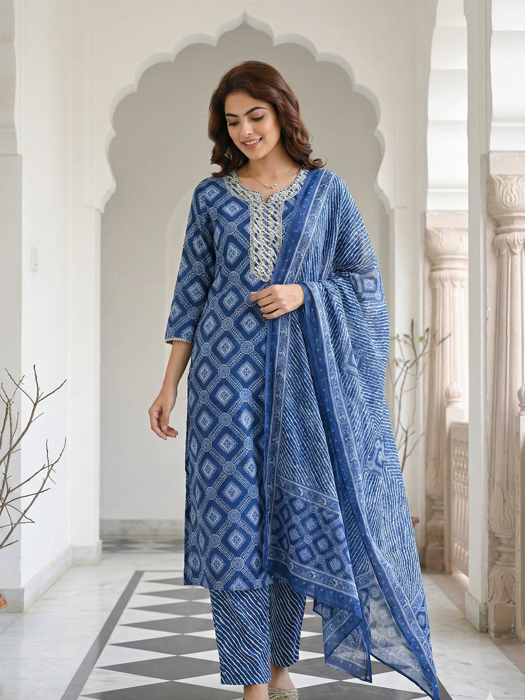 Jaitpuriya Blue Pure Cotton Straight Regular Kurta Set
