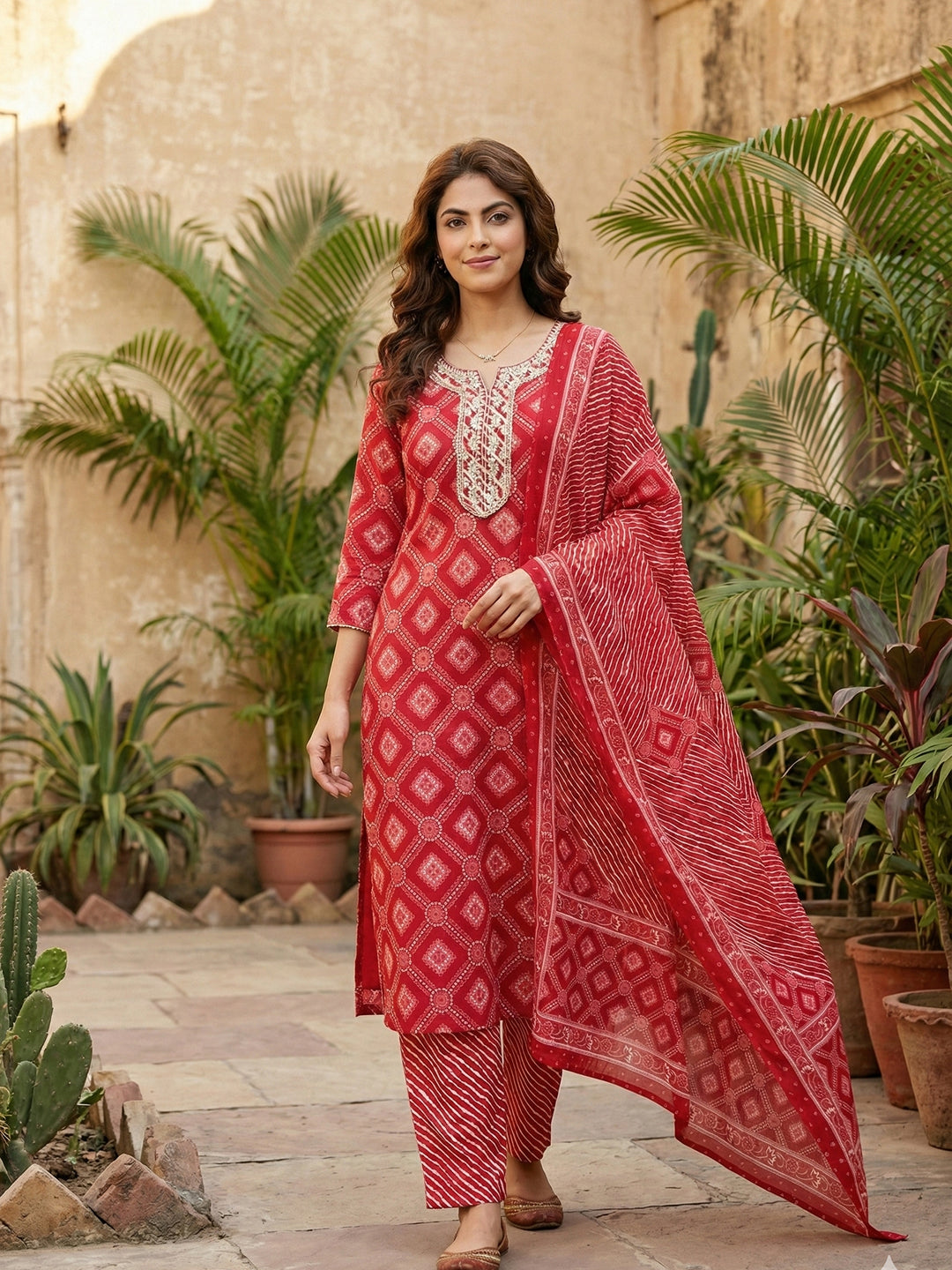 Jaitpuriya Red Pure Cotton Straight Regular Kurta Set