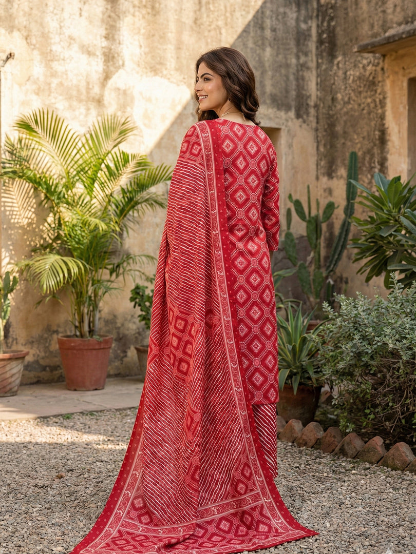 Jaitpuriya Red Pure Cotton Straight Regular Kurta Set