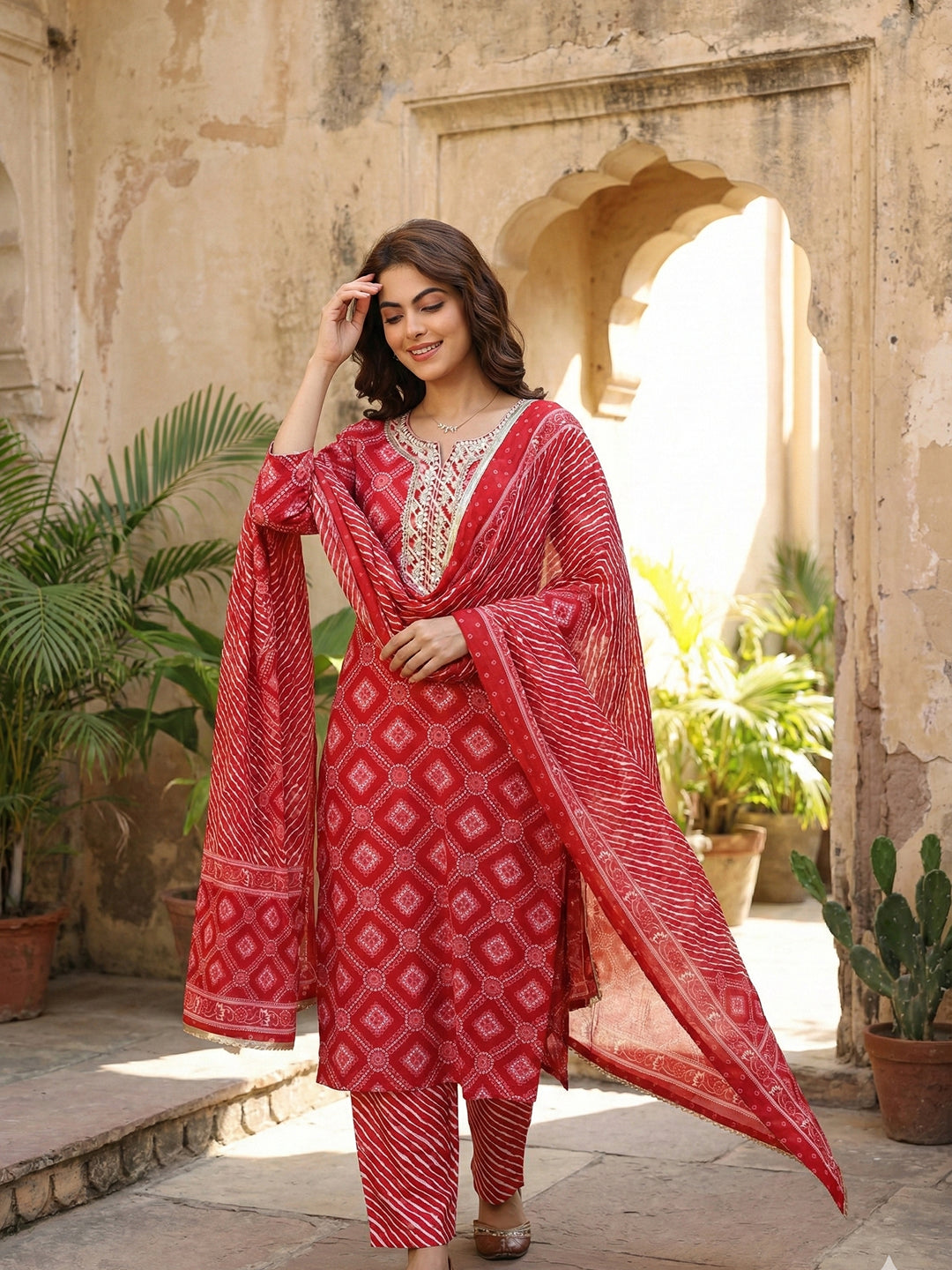 Jaitpuriya Red Pure Cotton Straight Regular Kurta Set