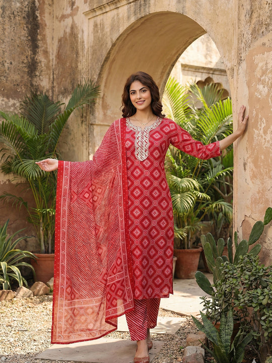 Jaitpuriya Red Pure Cotton Straight Regular Kurta Set