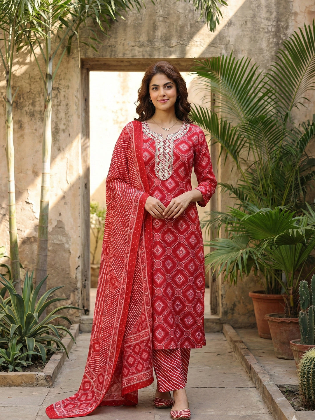 Jaitpuriya Red Pure Cotton Straight Regular Kurta Set