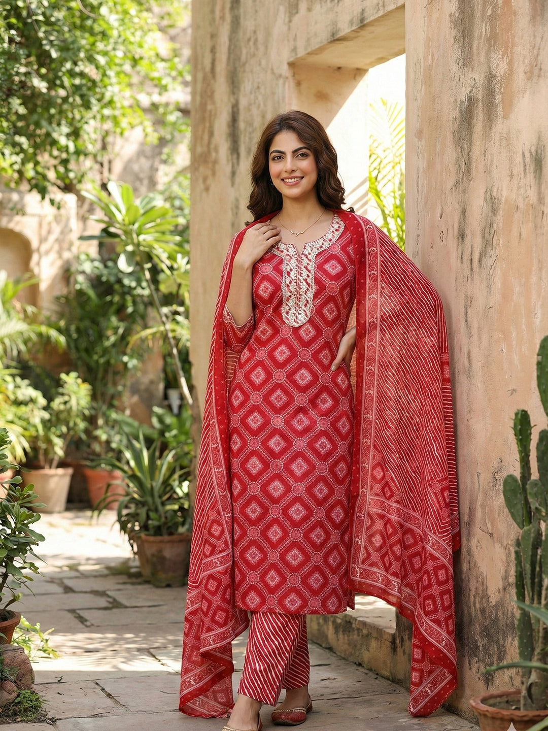 Jaitpuriya Red Pure Cotton Straight Regular Kurta Set