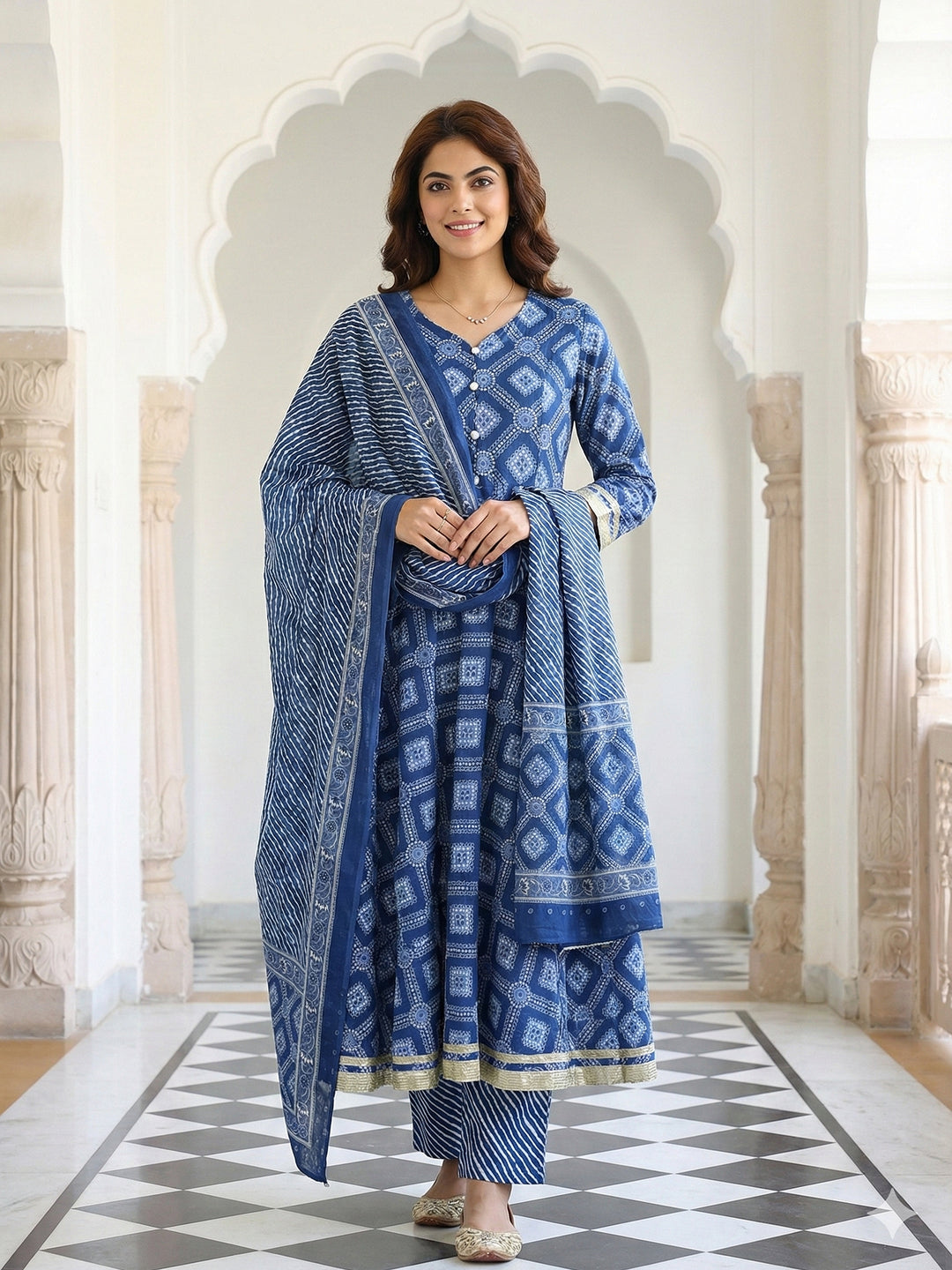Jaitpuriya Blue Pure Cotton Anarkali Regular Kurta Set