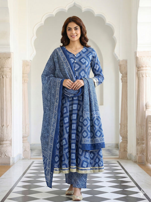 Jaitpuriya Blue Pure Cotton Anarkali Regular Kurta Set