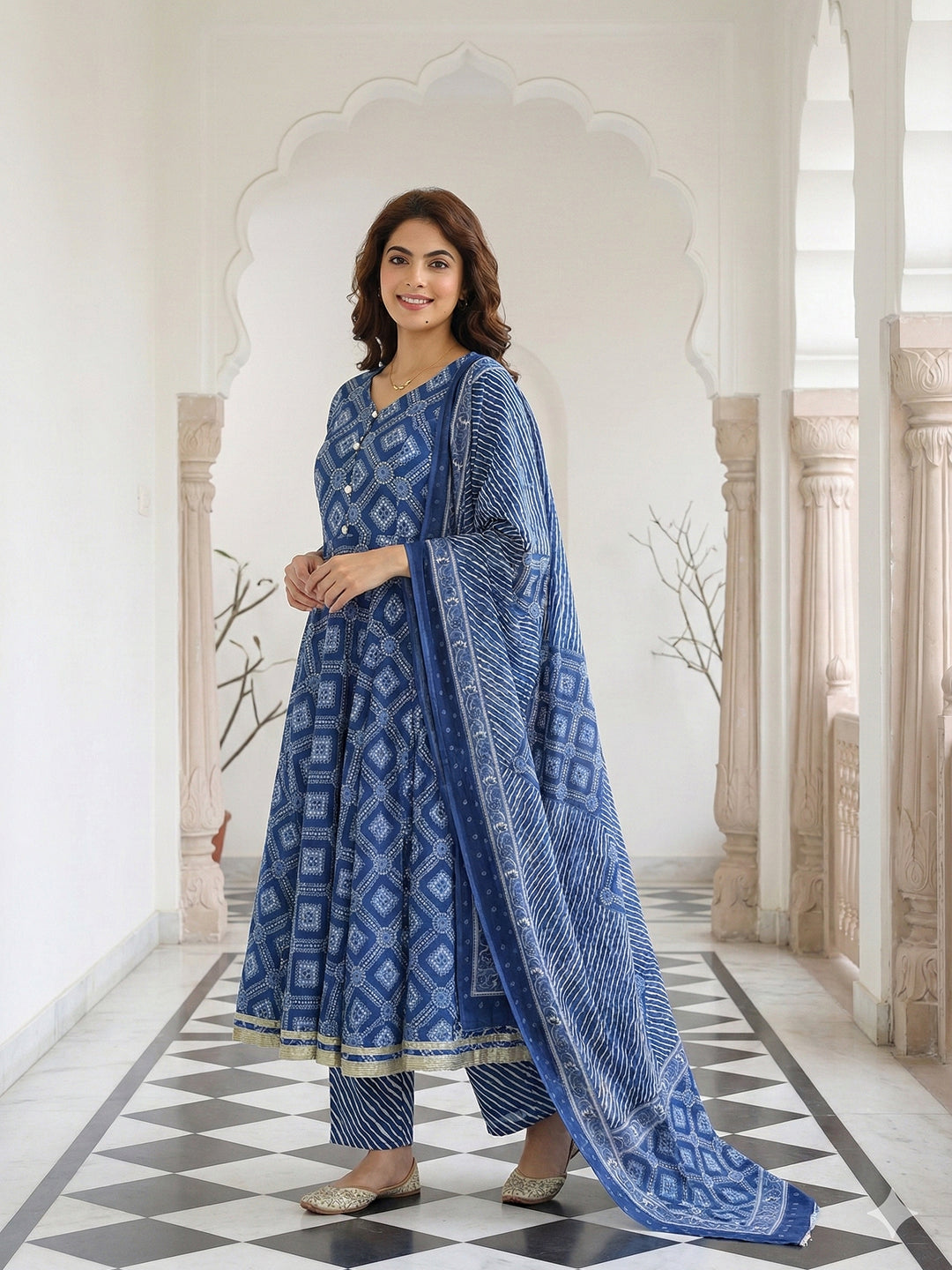 Jaitpuriya Blue Pure Cotton Anarkali Regular Kurta Set