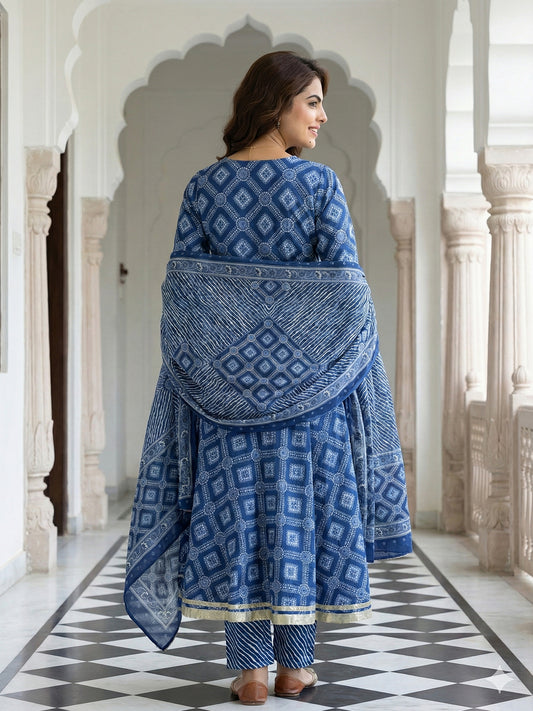 Jaitpuriya Blue Pure Cotton Anarkali Regular Kurta Set
