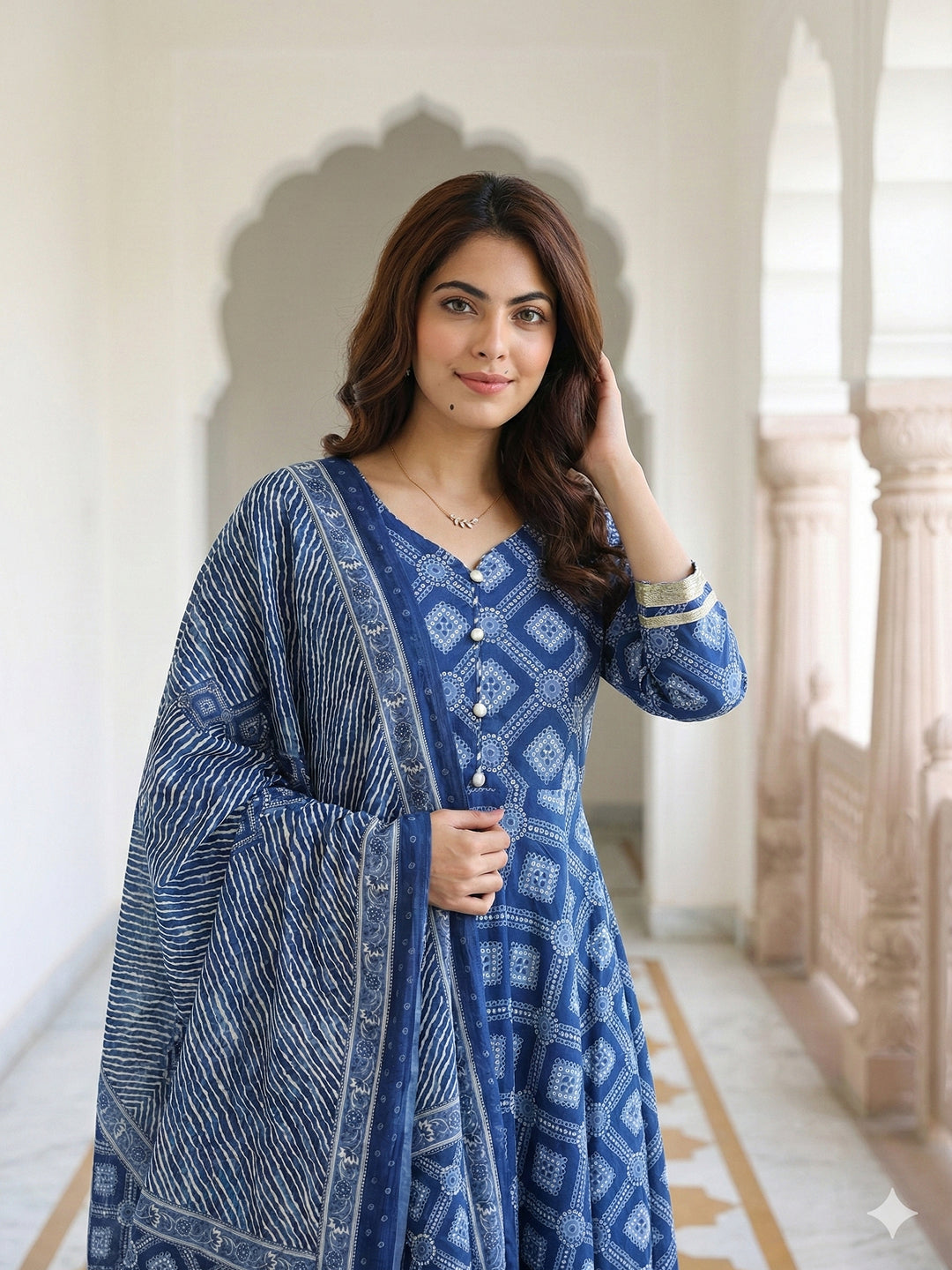 Jaitpuriya Blue Pure Cotton Anarkali Regular Kurta Set