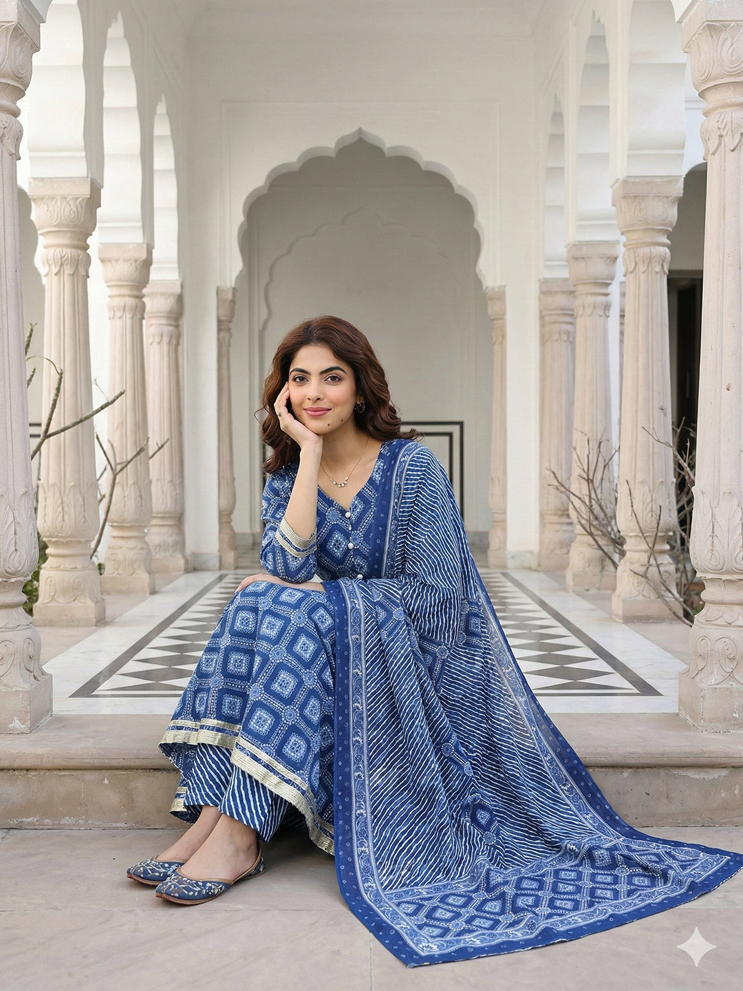 Jaitpuriya Blue Pure Cotton Anarkali Regular Kurta Set