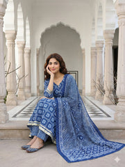 Jaitpuriya Blue Pure Cotton Anarkali Regular Kurta Set