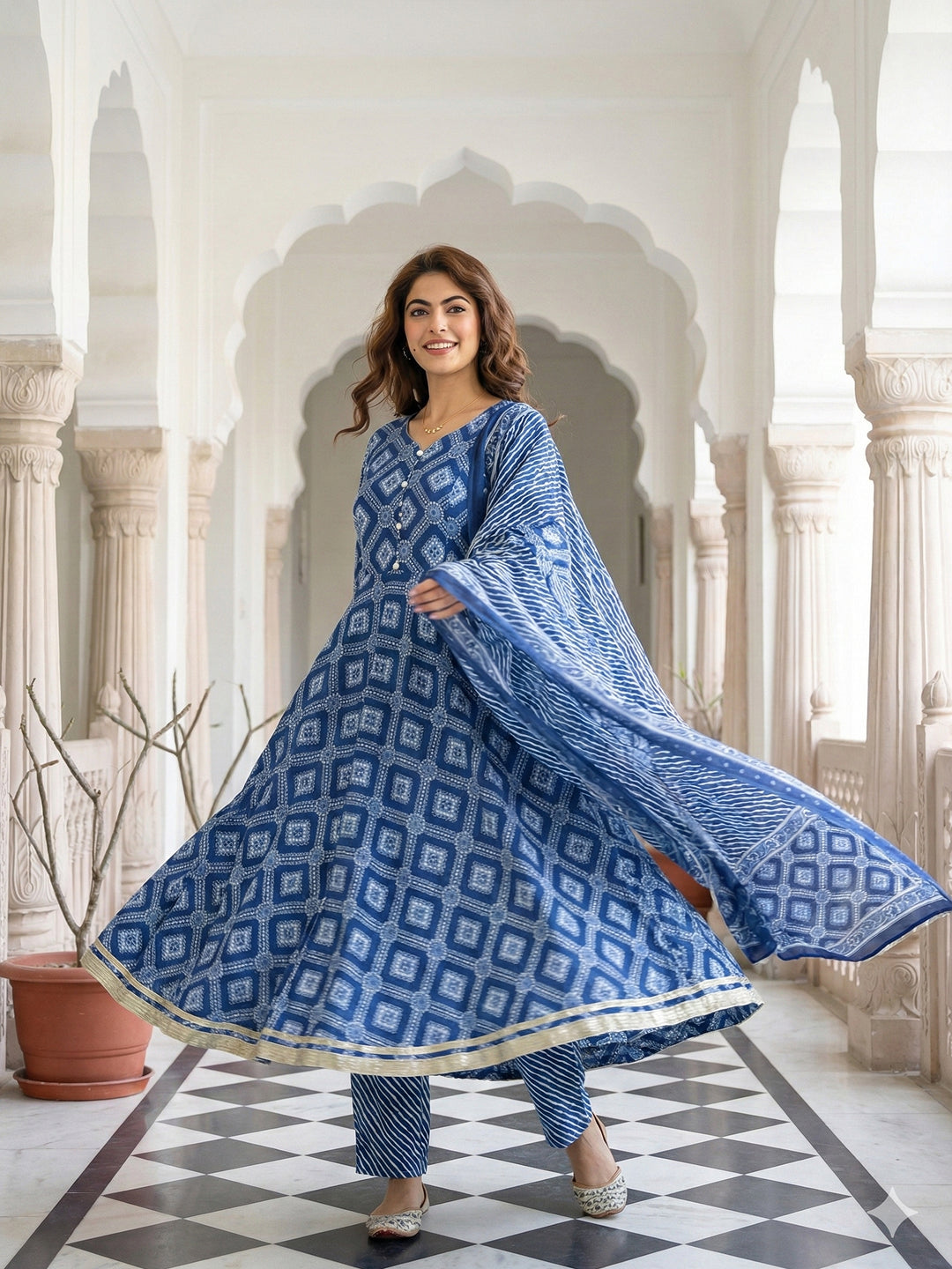 Jaitpuriya Blue Pure Cotton Anarkali Regular Kurta Set