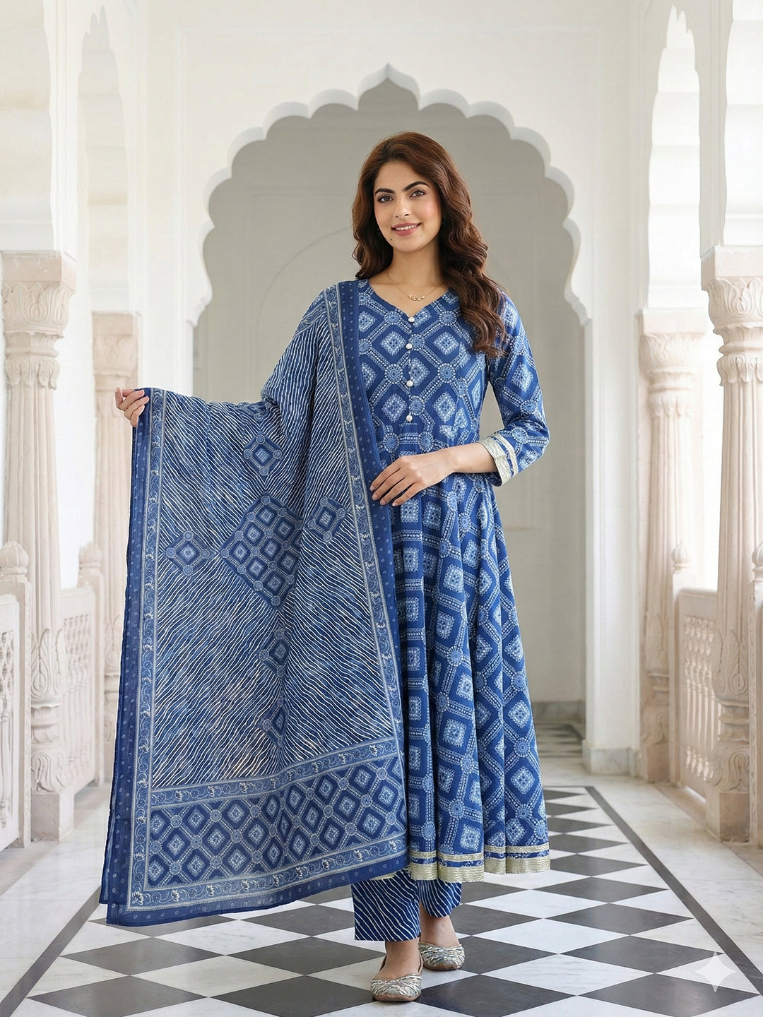 Jaitpuriya Blue Pure Cotton Anarkali Regular Kurta Set
