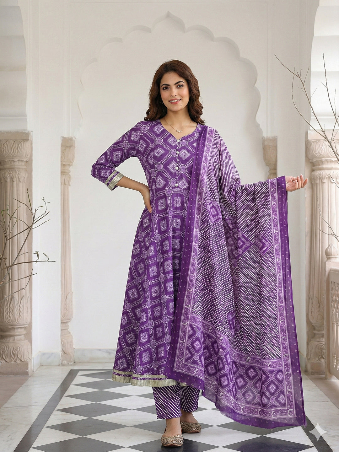Jaitpuriya Purple Pure Cotton Anarkali Regular Kurta Set