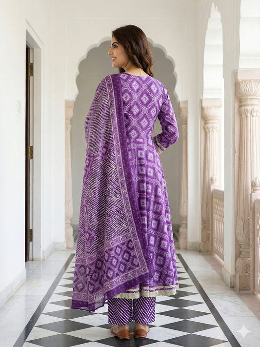 Jaitpuriya Purple Pure Cotton Anarkali Regular Kurta Set
