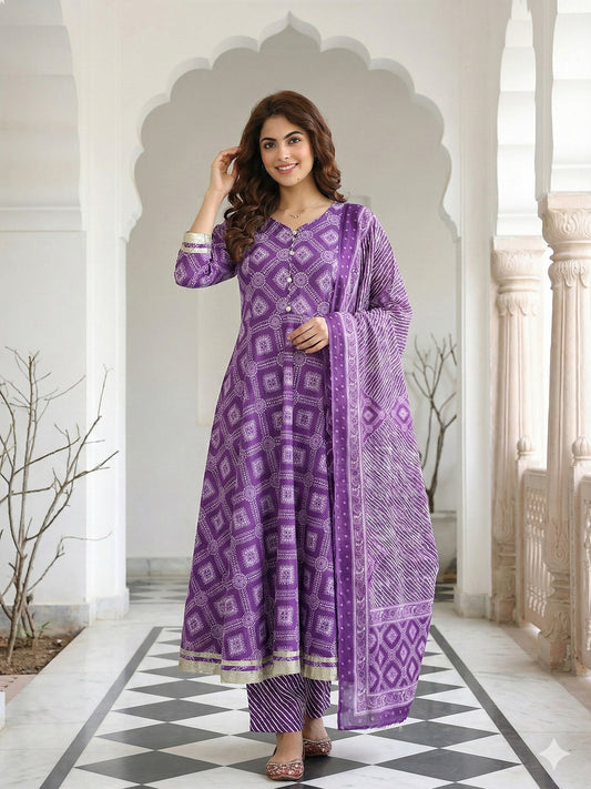 Jaitpuriya Purple Pure Cotton Anarkali Regular Kurta Set