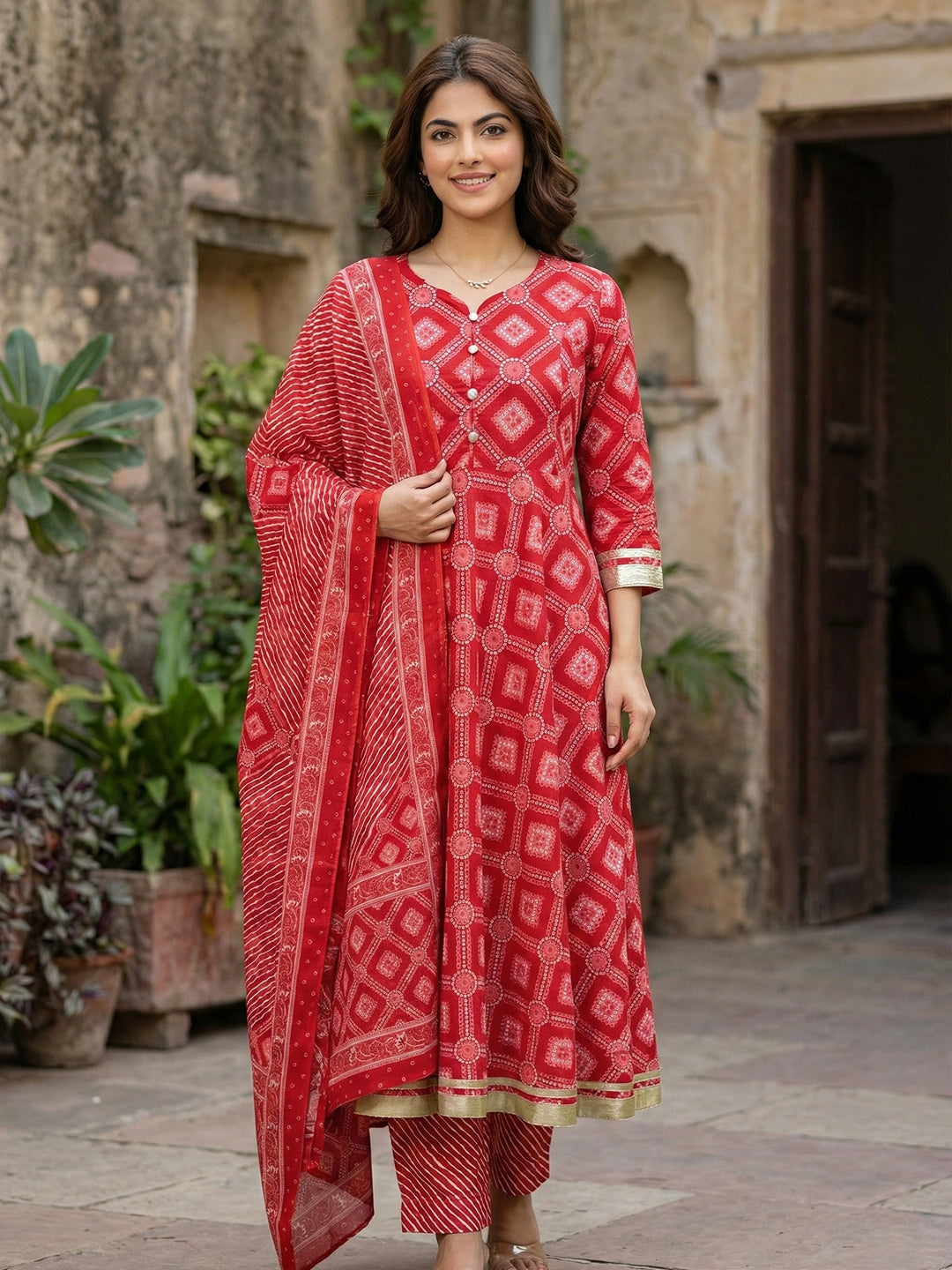 Jaitpuriya Red Pure Cotton Anarkali Regular Kurta Set