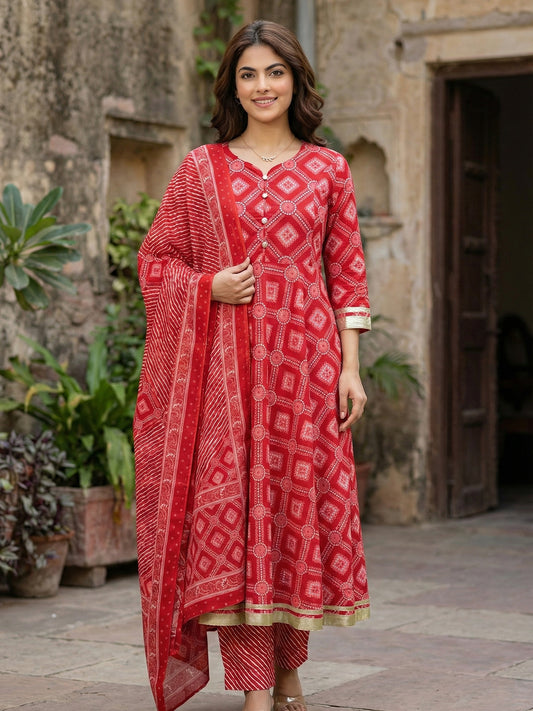 Jaitpuriya Red Pure Cotton Anarkali Regular Kurta Set