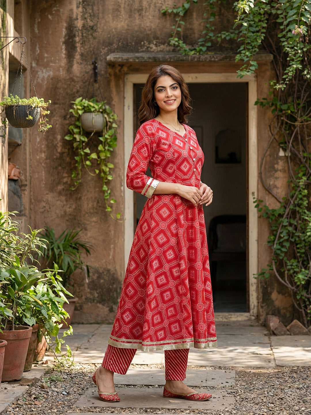 Jaitpuriya Red Pure Cotton Anarkali Regular Kurta Set