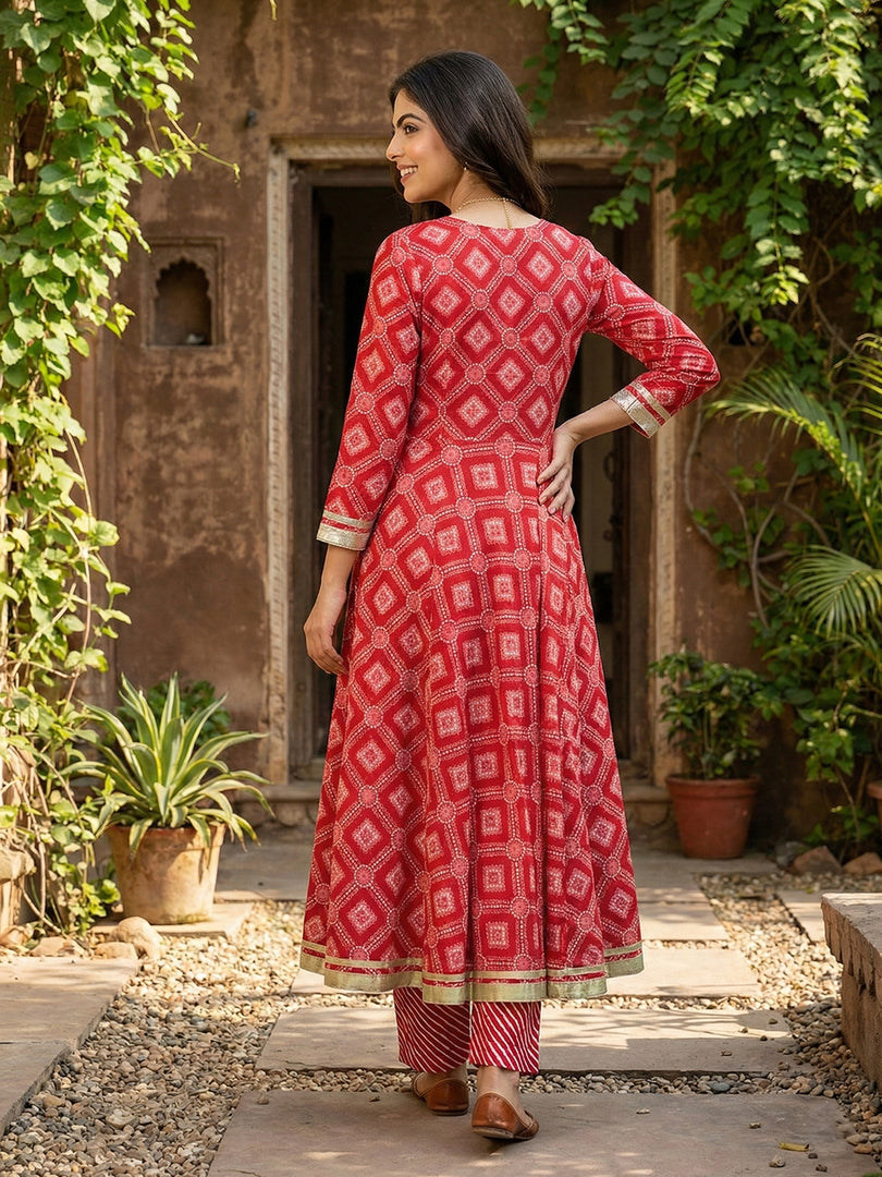 Jaitpuriya Red Pure Cotton Anarkali Regular Kurta Set