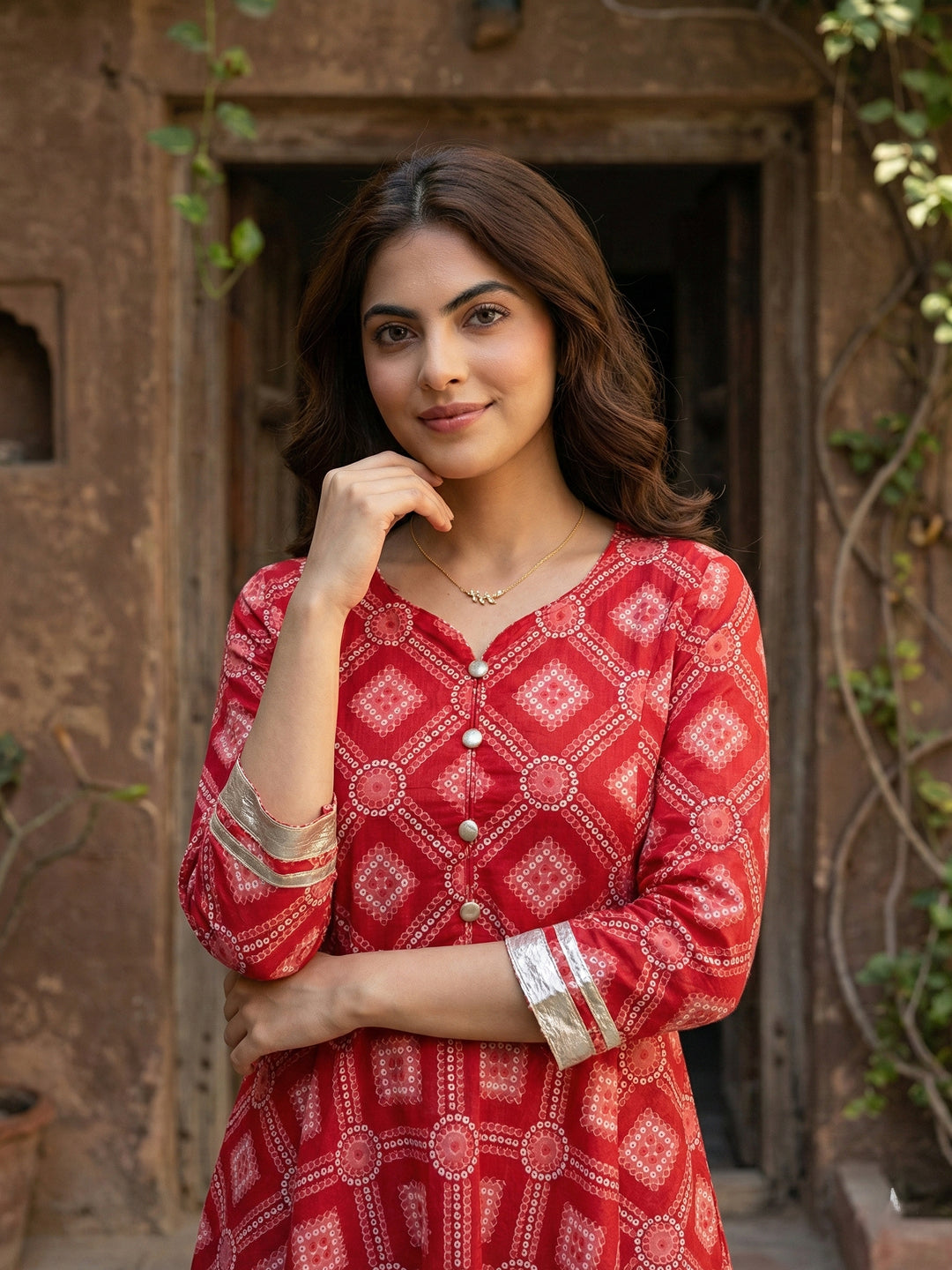 Jaitpuriya Red Pure Cotton Anarkali Regular Kurta Set