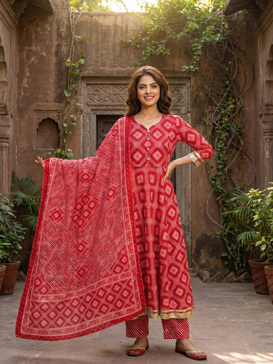 Jaitpuriya Red Pure Cotton Anarkali Regular Kurta Set