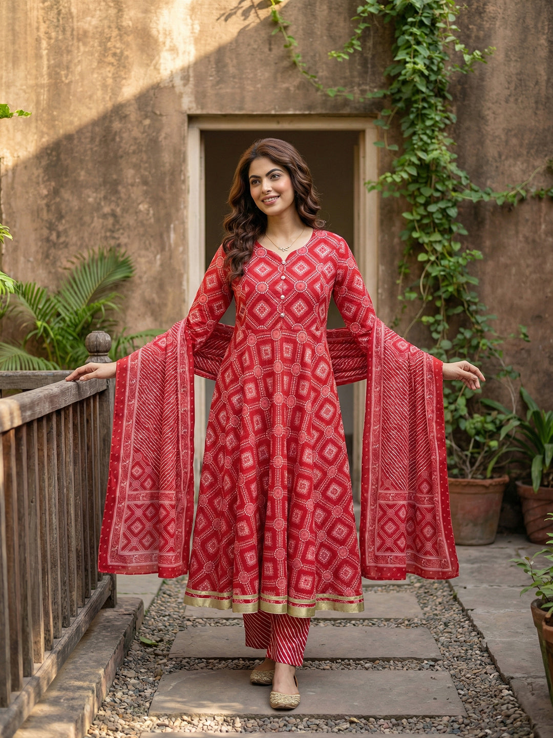 Jaitpuriya Red Pure Cotton Anarkali Regular Kurta Set