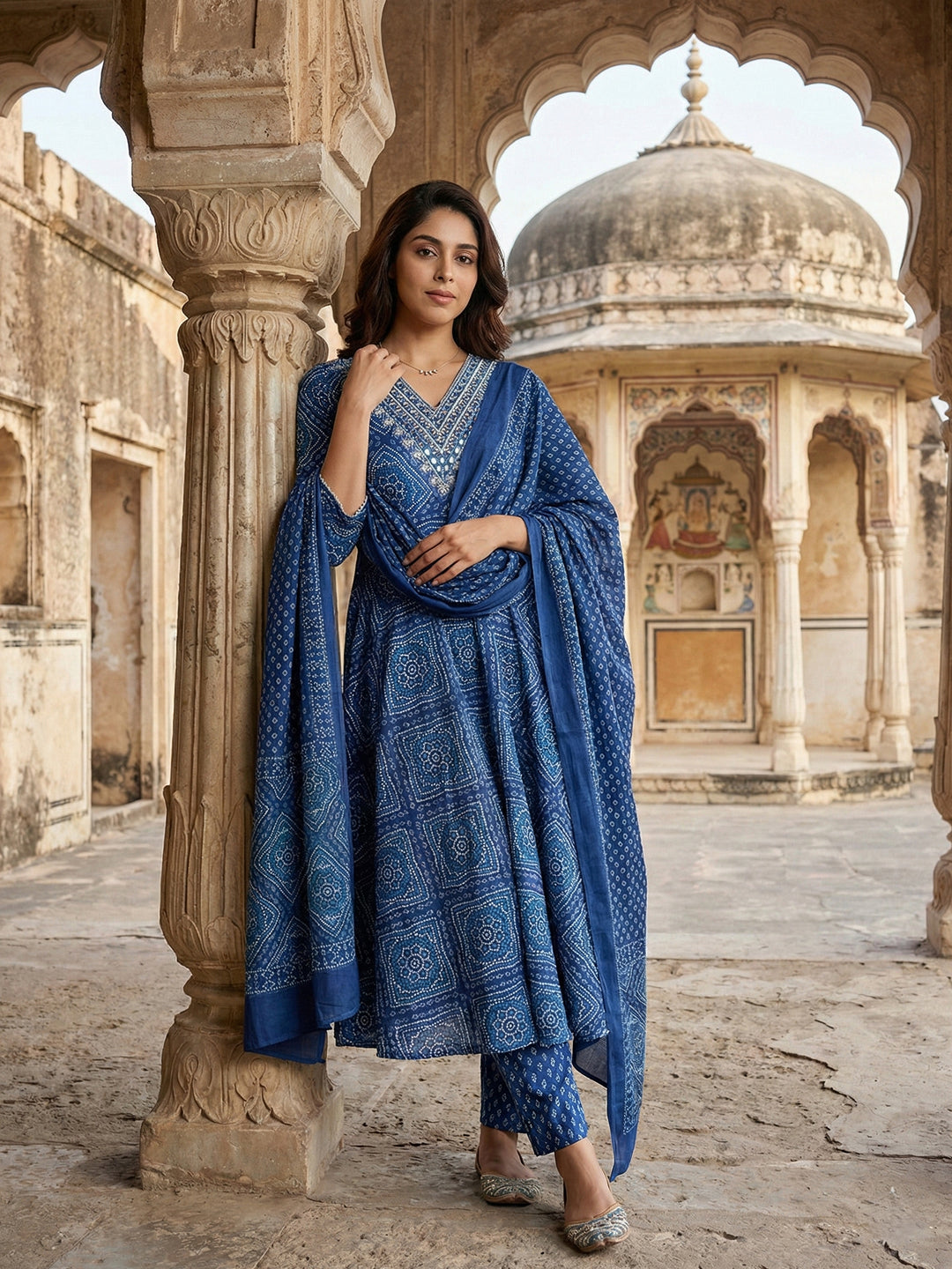 Jaitpuriya Blue Pure Cotton Anarkali Regular Kurta Set