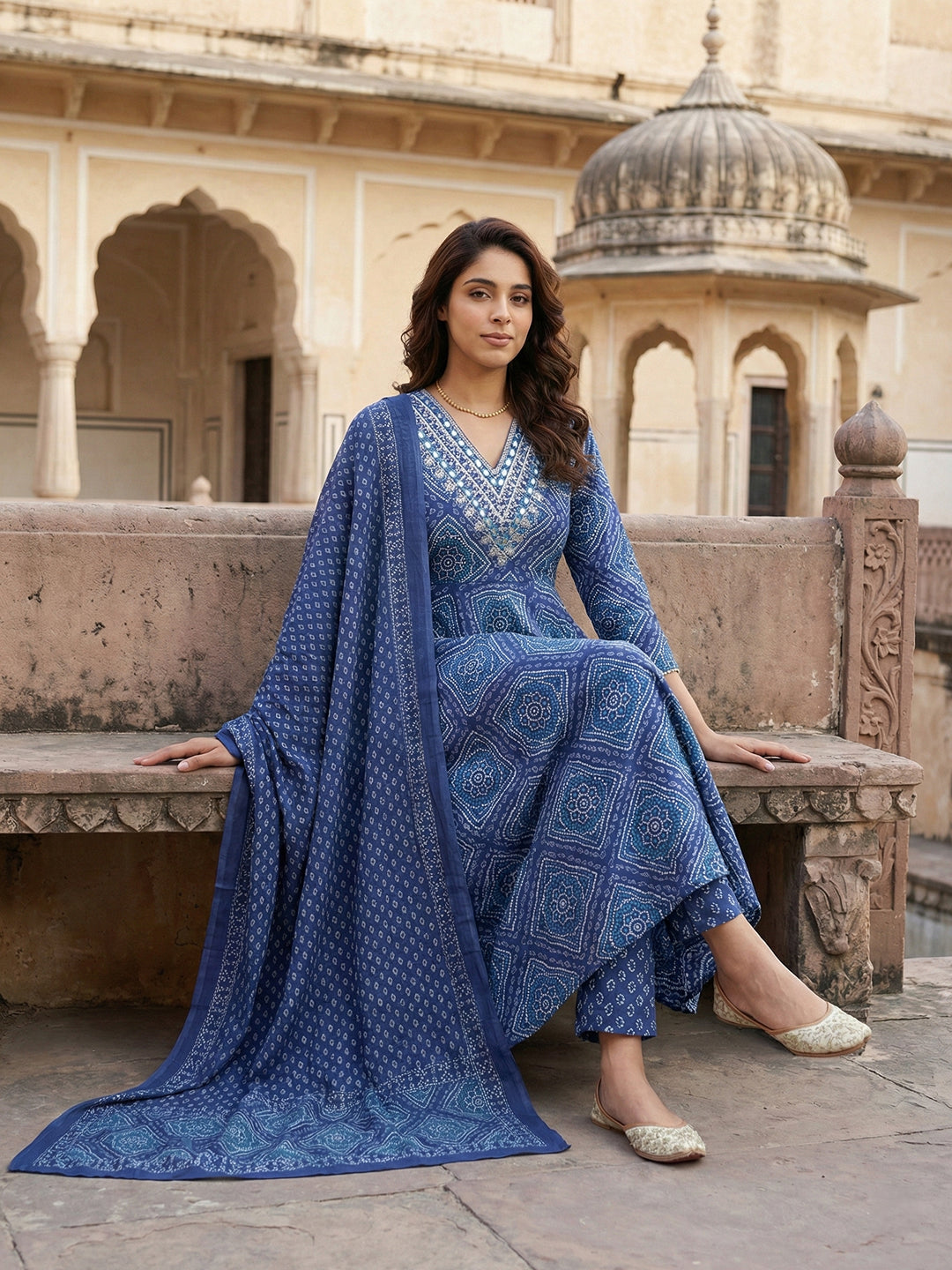 Jaitpuriya Blue Pure Cotton Anarkali Regular Kurta Set