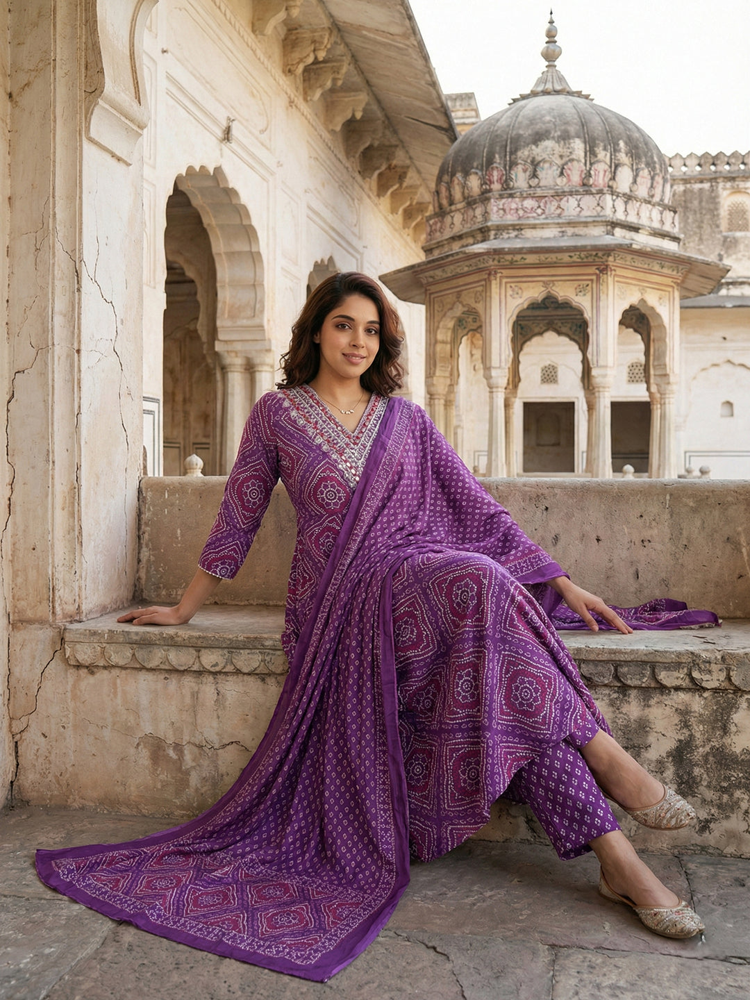 Jaitpuriya Purple Pure Cotton Anarkali Regular Kurta Set