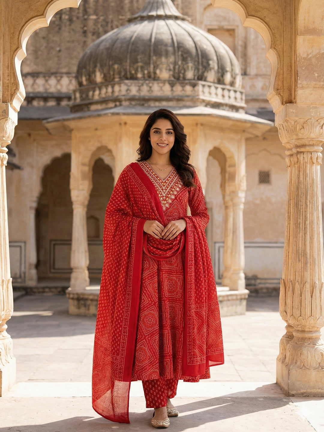 Jaitpuriya Red Pure Cotton Anarkali Regular Kurta Set