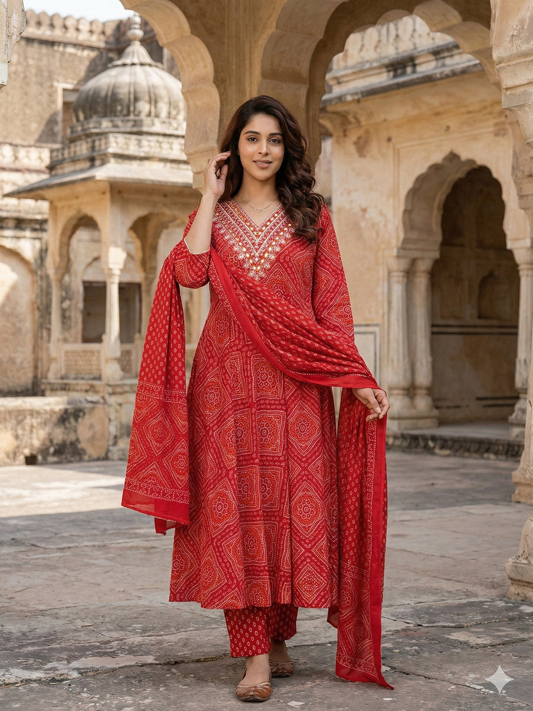 Jaitpuriya Red Pure Cotton Anarkali Regular Kurta Set