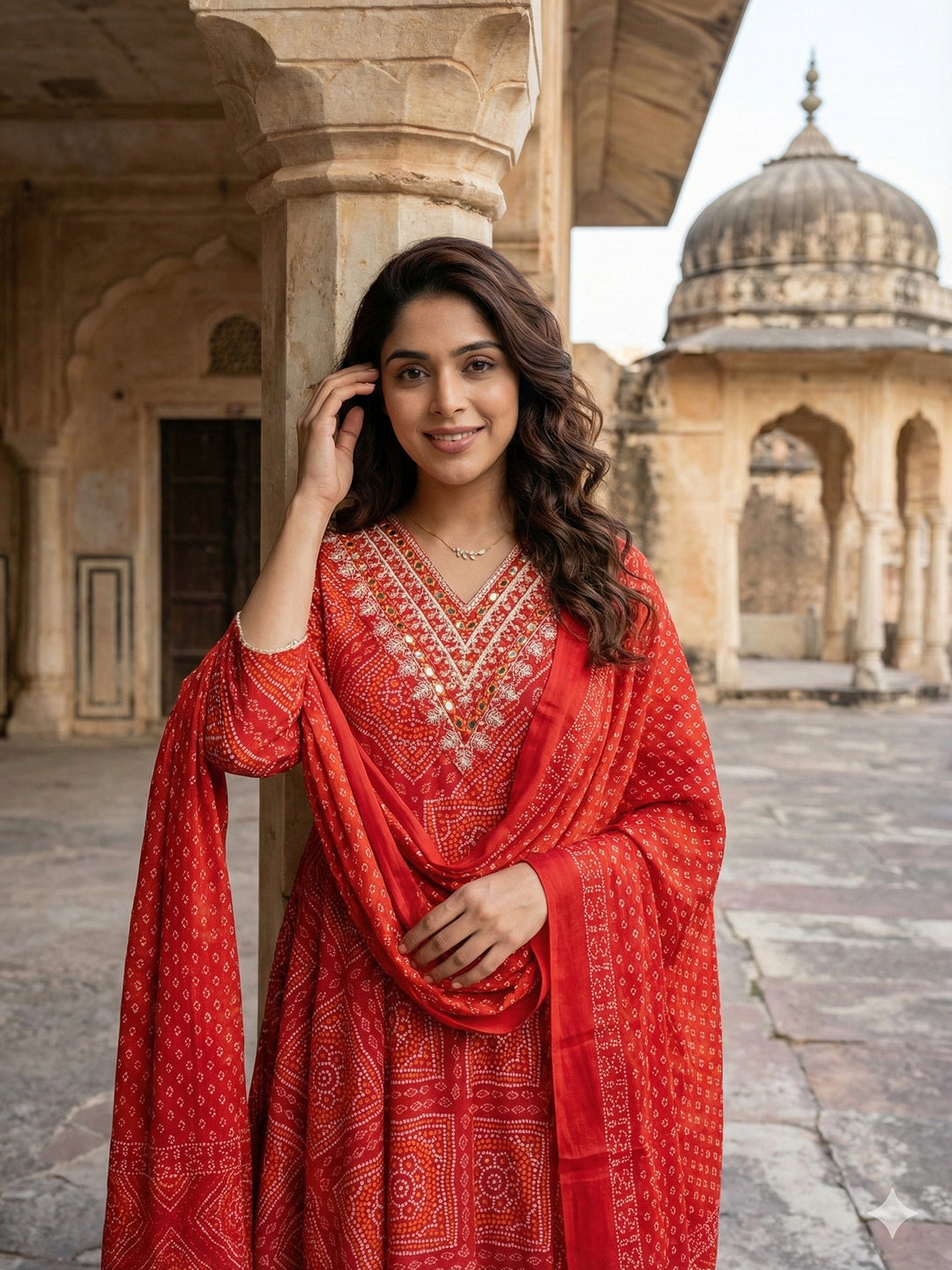 Jaitpuriya Red Pure Cotton Anarkali Regular Kurta Set