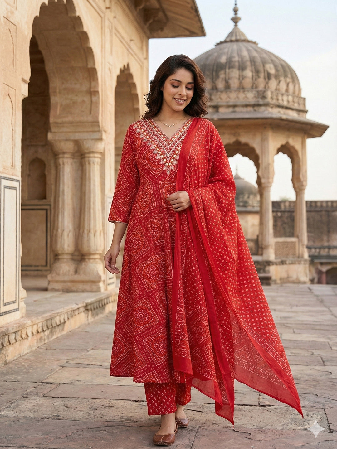 Jaitpuriya Red Pure Cotton Anarkali Regular Kurta Set