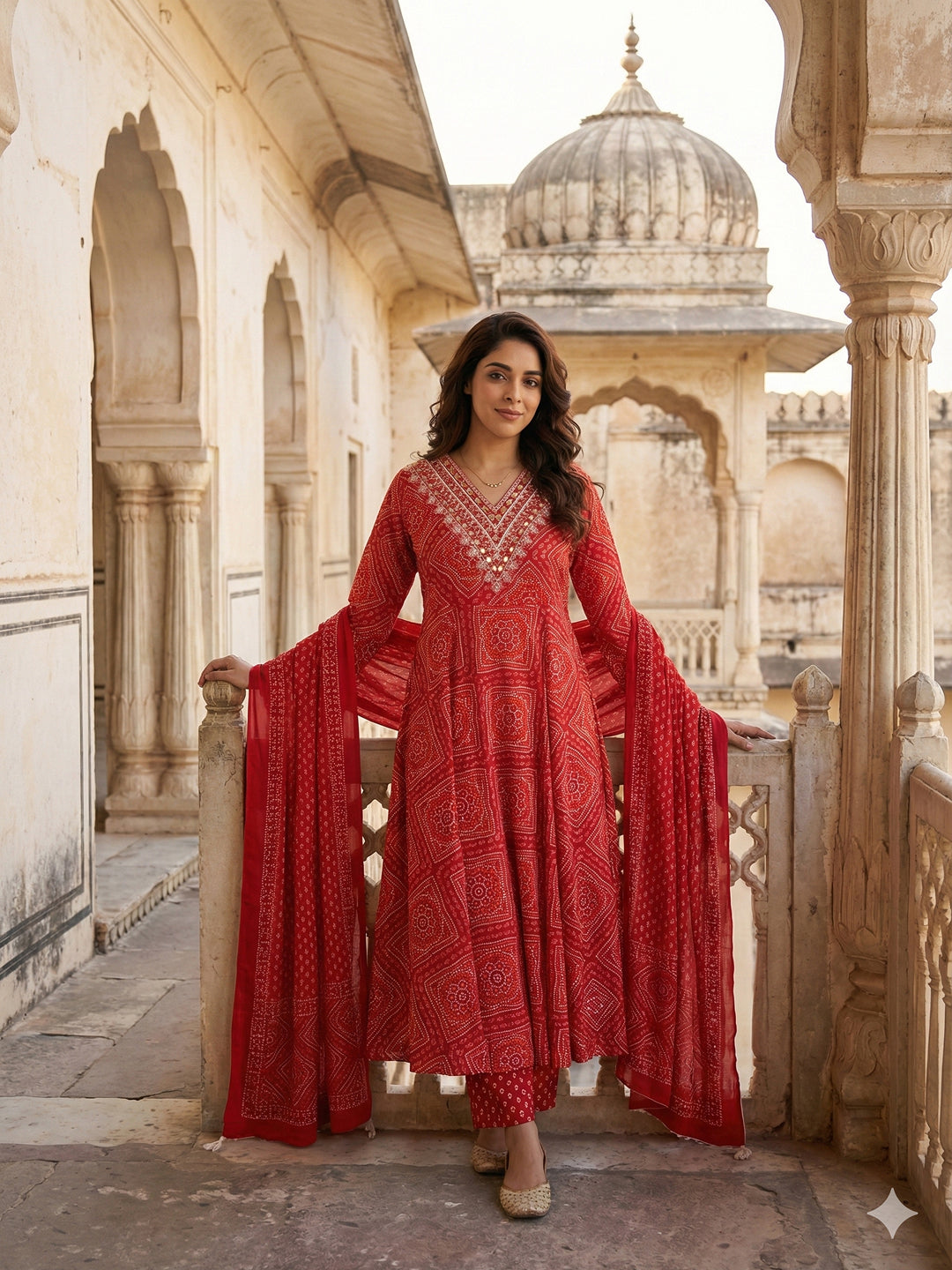 Jaitpuriya Red Pure Cotton Anarkali Regular Kurta Set