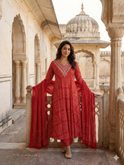 Jaitpuriya Red Pure Cotton Anarkali Regular Kurta Set