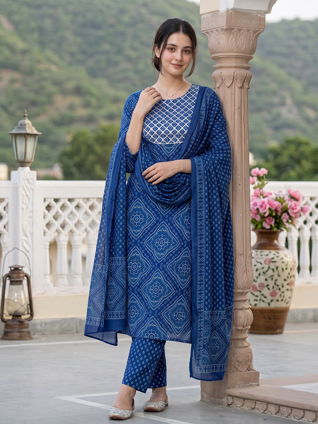 Blue Pure Cotton Straight Regular Kurta Set