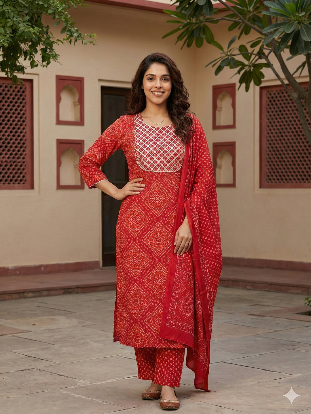 Jaitpuriya Red Pure Cotton Straight Regular Kurta Set