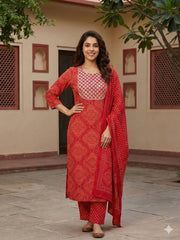 Jaitpuriya Red Pure Cotton Straight Regular Kurta Set