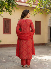 Jaitpuriya Red Pure Cotton Straight Regular Kurta Set