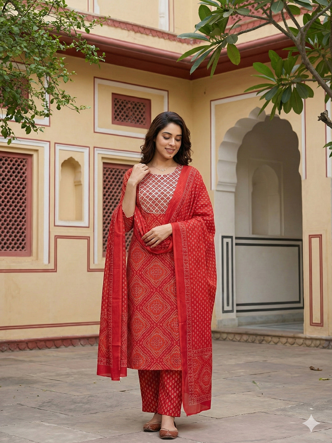 Jaitpuriya Red Pure Cotton Straight Regular Kurta Set