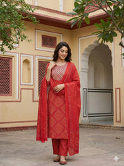 Jaitpuriya Red Pure Cotton Straight Regular Kurta Set