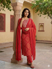 Jaitpuriya Red Pure Cotton Straight Regular Kurta Set