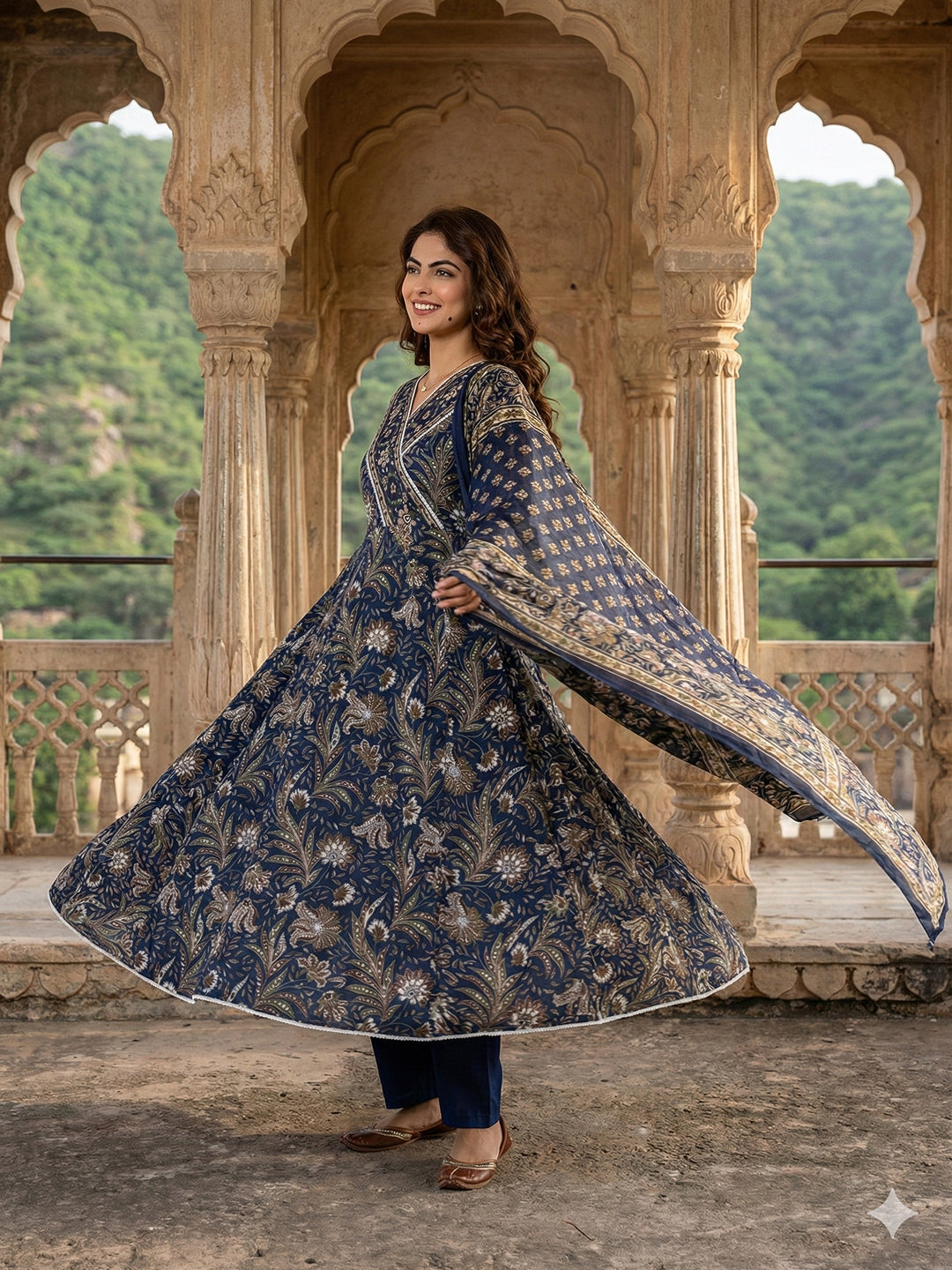 Jaitpuriya Blue Pure Cotton Anarkali Angrakha Kurta Set