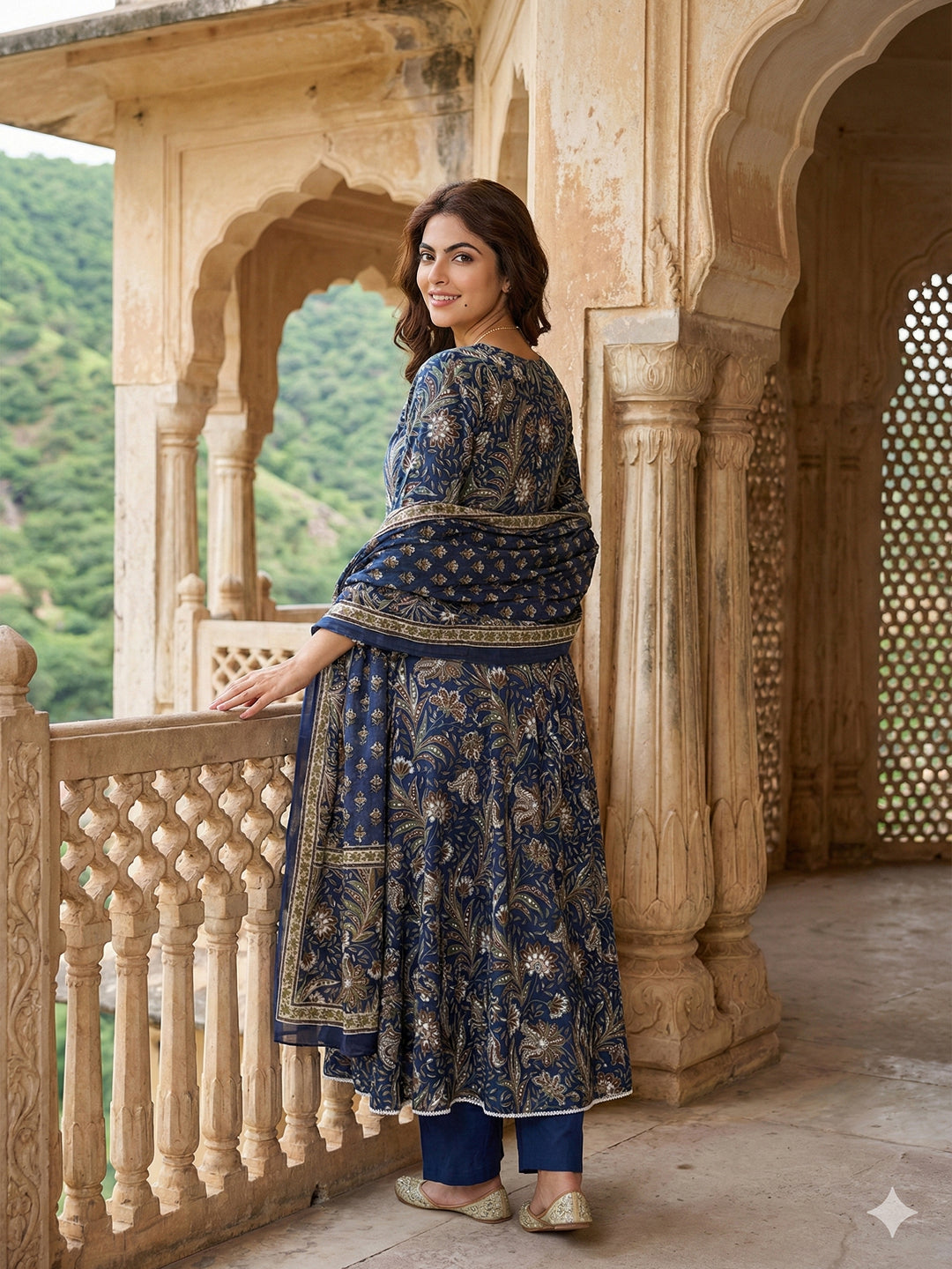 Jaitpuriya Blue Pure Cotton Anarkali Angrakha Kurta Set